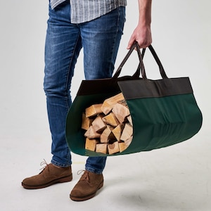 Handmade canvas firewood carrier, Custom firewood carrier bag, Monogrammed canvas firewood tote, Canvas log carrier with personalization