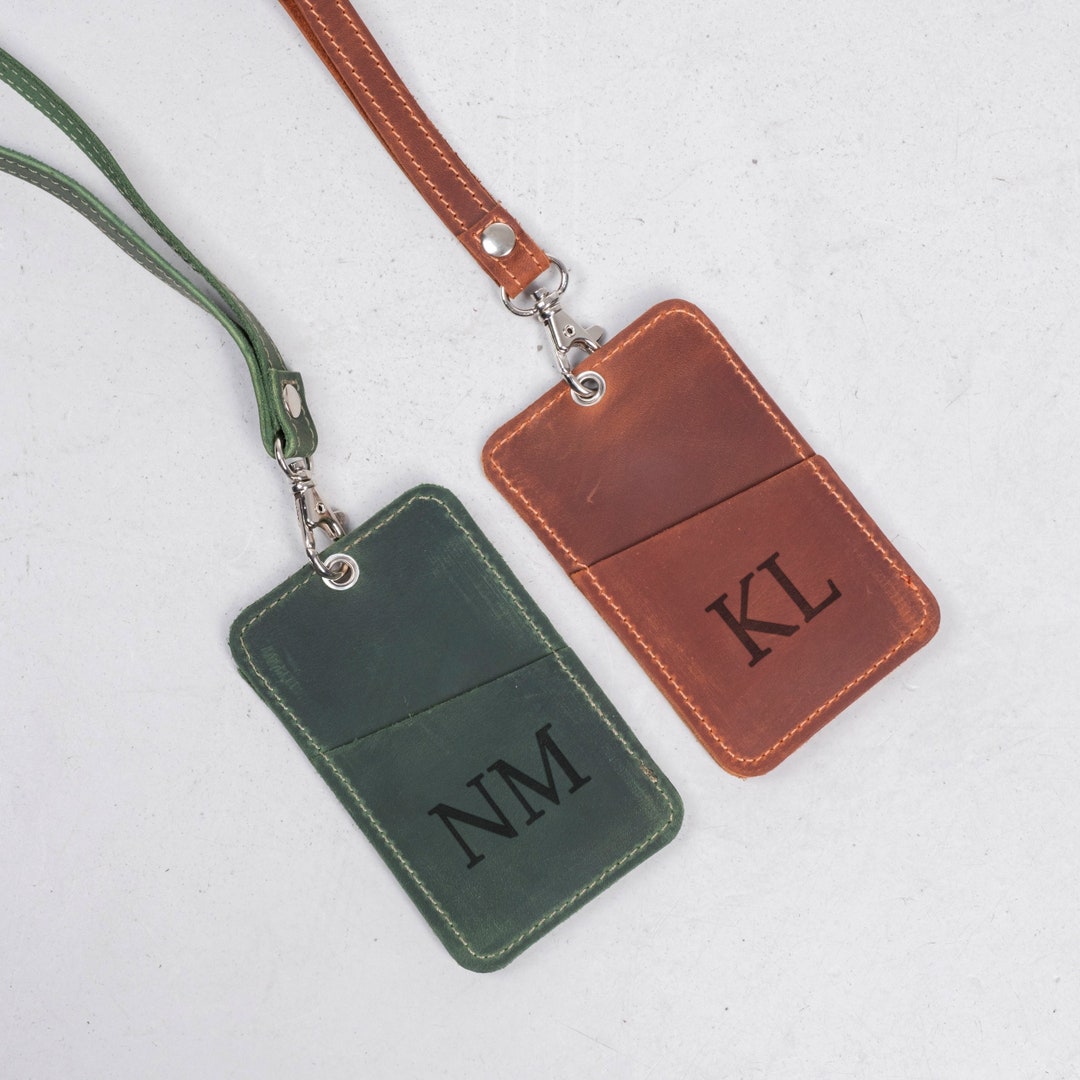 Personalized Id Holder and Lanyard, Engraved Id Holder, Leather Badge
