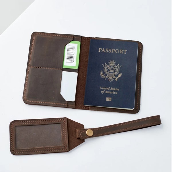 Porte-passeport et étiquette personnalisés, cuir de couverture de passeport, couverture de passeport Monogram et étiquette de bagage, porte-passeport Monogram