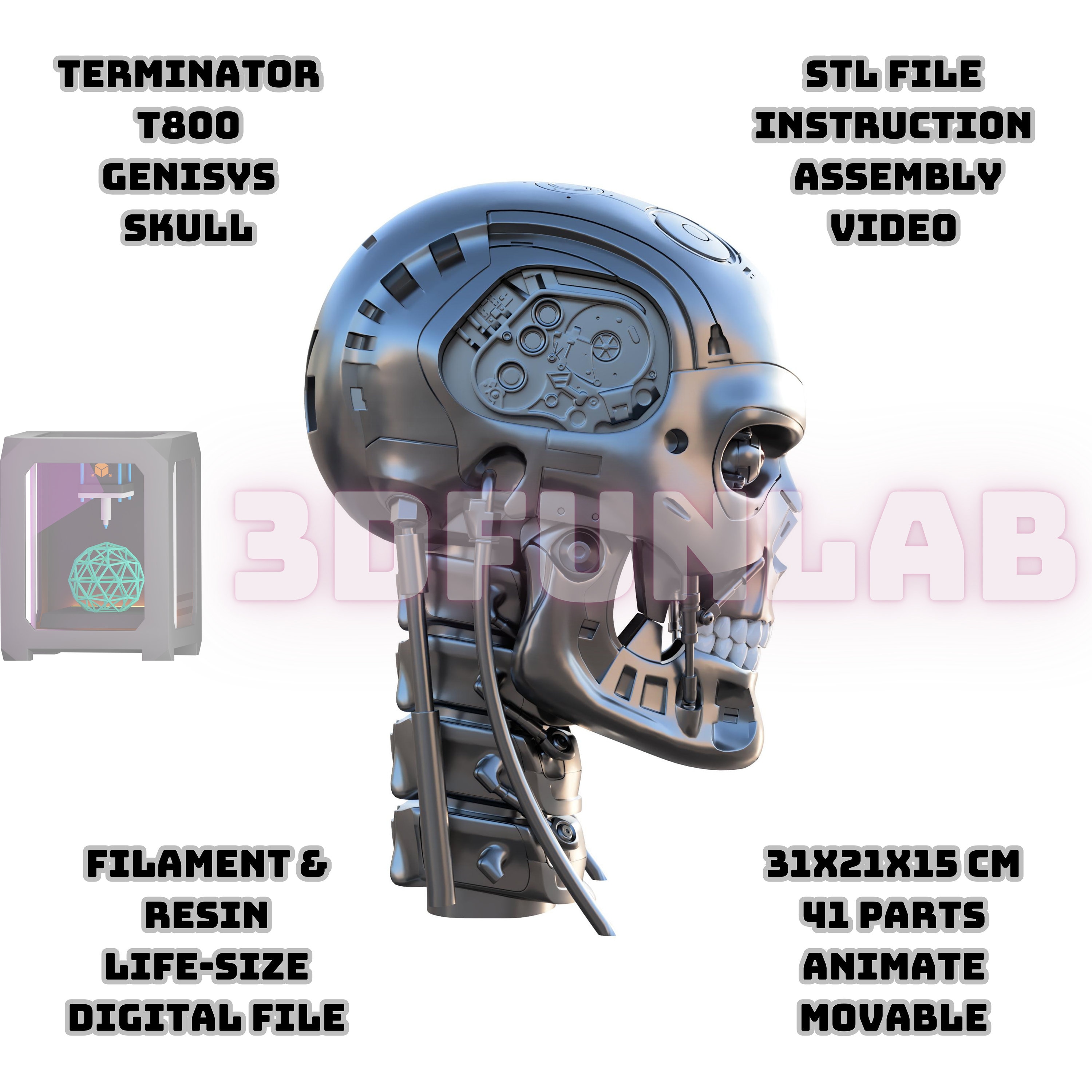 Terminator T800 Genisys Skull, Real Details, Life Size 31x21x15 Cm