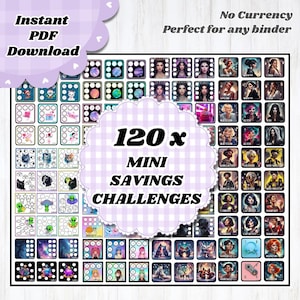 Könnte beinhalten: Ein digitaler Download mit 120 Mini-Spar-Challenges. Das Design umfasst verschiedene thematische Illustrationen in kleinen Quadraten, mit dem Text "Instant PDF Download" und "120 x MINI SAVINGS CHALLENGES". Das Farbschema ist pastellfarben mit einem Vichy-Muster.