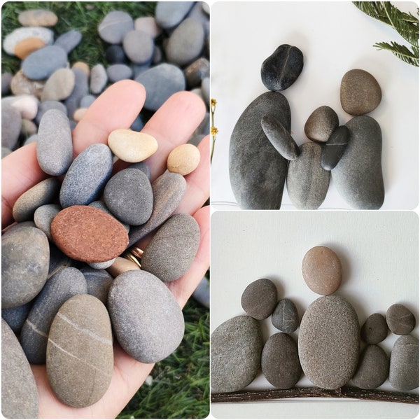 Natural smooth flat pebbles, creation of artistic pebble frame, handmade Zen gift for mom, family photo, leisure materials