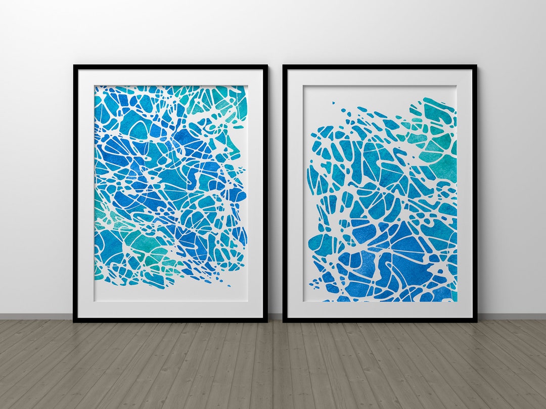 Set of 2 Abstract Digital Art Prints, Water and Waves, Blue Etsy