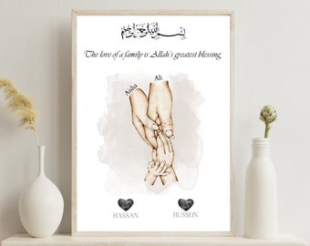 Personalisierte islamische Wandkunst, Familienhändchen-Poster mit Namen, personalisierter Familiendruck, islamische Wanddekoration, islamische Geschenkidee