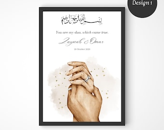 May include: A watercolor illustration of two hands holding each other, with a gold ring on one finger. The background is a soft brown with gold glitter. The text "You are my dua, which came true." is written in black below the hands, followed by the names "Zaynab & Omar" and the date "20 October 2020".