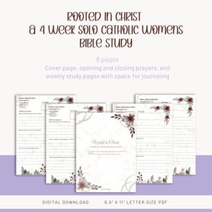 Pode incluir: Um download digital de um estudo bíblico católico de 4 semanas para mulheres. A capa e as páginas de estudo são brancas com detalhes florais e o texto "Rooted in Christ". O estudo inclui 6 páginas.