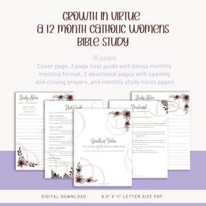 Puede incluir: Descarga digital de un estudio bíblico católico para mujeres de 12 meses. Se muestran la portada, la guía del anfitrión, las páginas devocionales y las notas de estudio. Las páginas miden 21,59 cm x 27,94 cm y presentan detalles florales.