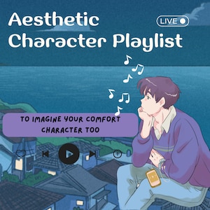 Könnte beinhalten: Eine lila und blaue Illustration einer Person, die Musik hört, mit blauem Hintergrund und dem Text "Aesthetic Character Playlist" und "To Imagine Your Comfort Character Too".