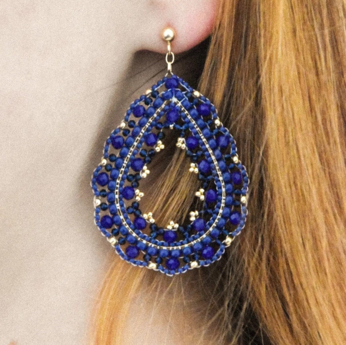Sakari Rose & Blue Gold Handmade Beaded Earrings - Mini Size