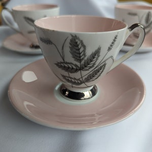 Three (3) teacups & saucers, 1950s vintage English Queen Anne Fine Bone China, Trios Pattern &quot;Harvest Pink&quot;