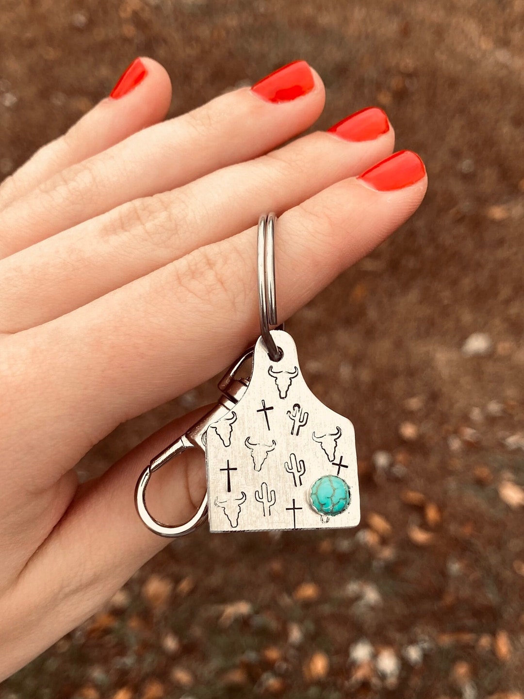 Small Stamped Custom Ear Tag Keychain turquoise Optional Etsy