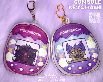 May include: Two purple and white plush keychain versions of a Tamagotchi-style pet console with a character image on the screen. The text "Mochigochi" is on the top of each console.