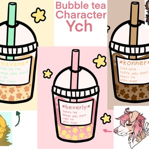 May include: Three illustrated bubble tea cups with different flavors and toppings. The cups are labeled "Havana", "Konner", and "Beverly" with descriptions of the tea, toppings, and ice level. Each cup has a different color scheme and pattern.