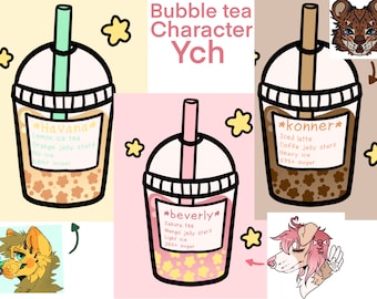 May include: Three illustrated bubble tea cups with different flavors and toppings. The cups are labeled "Havana", "Konner", and "Beverly" with descriptions of the tea, toppings, and ice level. Each cup has a different color scheme and pattern.