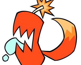 May include: A stylized graphic illustration of a red, creature-like bomb character with a wide, jagged mouth, a light blue tongue, and a large orange tail. A lit, star-shaped fuse with orange and yellow tones extends from the top of the head.