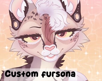 May include: A digital illustration of a feline-like fursona with a light brown and white color scheme. The image features the text "Custom fursona Rendered busts" in a black font. The fursona has large eyes, detailed fur, and accessories.