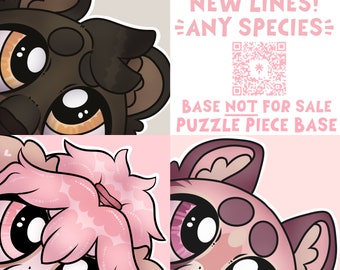 May include: A digital illustration of three cartoon animal heads with large eyes. The animals are a brown bear, a pink cat, and a pink wolf. The background is pink with a white QR code and text that says "BABY EYES YCH NEW LINES! ANY SPECIES! BASE NOT FOR SALE PUZZLE PIECE BASE".