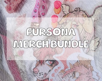 May include: A collection of merchandise featuring a pink and white color palette, including two patterned fabric lanyards, a small pink plastic charm, a donut-shaped accessory, and two illustrated character stickers with the text FURSONA MERCH BUNDLE.