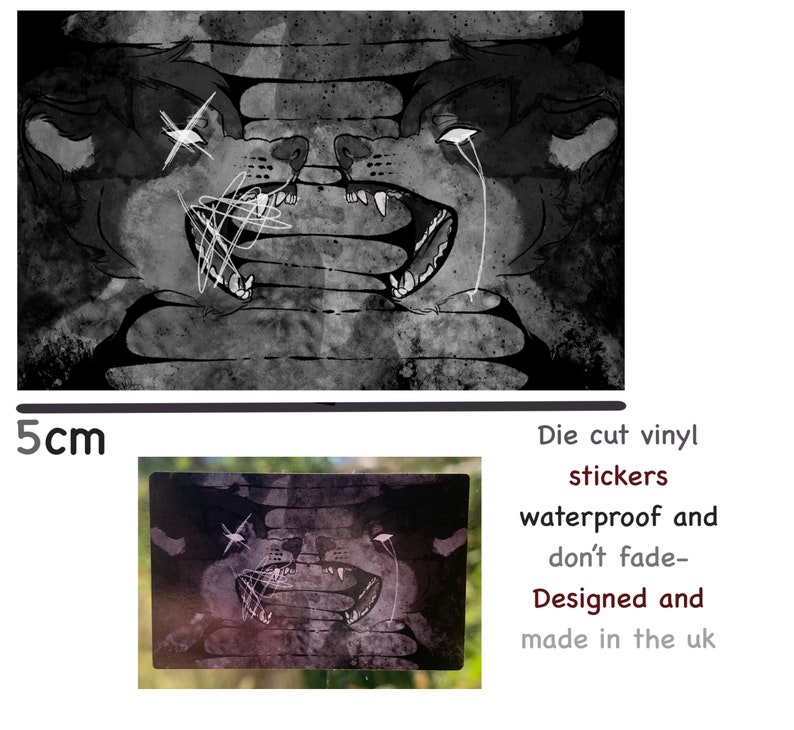 May include: Black and white die-cut vinyl sticker of two snarling wolf-like creatures with white markings. The sticker is 5 cm wide and says "Die cut vinyl stickers waterproof and don't fade- Designed and made in the uk".