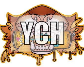 May include: Cartoon illustration featuring a monster-like character with the text "YCH" in bold white letters. The character is holding a can of "Monster" energy drink. The design has a comic book style with orange and yellow accents.