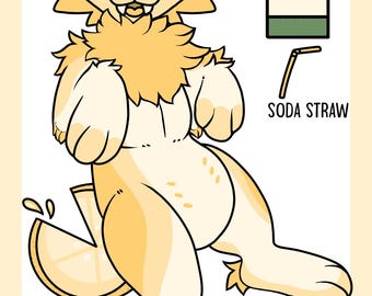 May include: A cartoon illustration of a yellow dog with a lemon wedge and a straw sticking out of its head. The dog is wearing a yellow fur collar and has a happy expression. The image includes a color palette with shades of yellow, brown, and green.