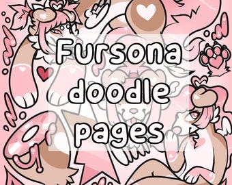 May include: A pink and brown cartoon illustration with the text "Fursona doodle pages". The image features multiple cartoon characters with hearts and wings, set against a pink background with decorative elements.