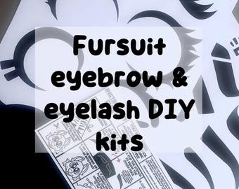 May include: Black and white DIY fursuit eyebrow and eyelash stencils with instructions on a white background. The text on the instructions reads "Fursuit eyebrow & eyelash DIY kits".