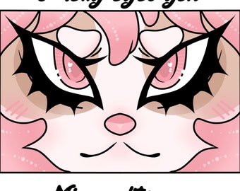 May include: Close-up of a cartoon character's face with large pink eyes and black eyelashes. The character has a pink nose and a small mouth. The text "Pretty eyes ych" is at the top of the image and "Minor edits free" is at the bottom.
