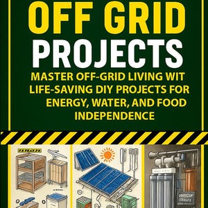 Puede incluir: Portada del libro titulada "OFF GRID PROJECTS" de Drew Lavin, con texto amarillo sobre un fondo verde oscuro. La portada promueve proyectos de bricolaje para la independencia energética, hídrica y alimentaria. Se muestran ilustraciones de sistemas fuera de la red.
