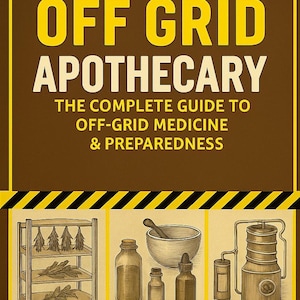 Pode incluir: Capa do livro "Off Grid Apothecary" de Drew Lavin. O título está em letras amarelas grandes. A capa é marrom com listras diagonais pretas e amarelas na parte superior e inferior. O subtítulo do livro é "The Complete Guide to Off-Grid Medicine & Preparedness."