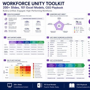 May include: A business toolkit graphic titled "WORKFORCE UNITY TOOLKIT" with the subtitle "200+ Slides, 101 Excel Models, CEO Playbook." The graphic features charts, graphs, and text boxes providing data and information on workforce unity.