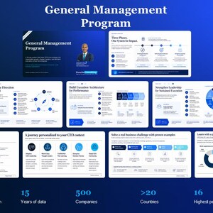 Può includere: Una presentazione digitale di diapositive intitolata General Management Program su uno sfondo blu sfumato. Le diapositive mostrano testo, grafici e diagrammi che descrivono le fasi del programma, le strategie di leadership e le metriche.