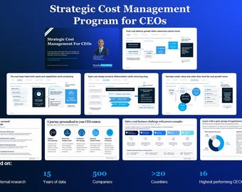 May include: A digital presentation titled Strategic Cost Management Program for CEOs, featuring multiple slides with charts, diagrams, and text. The layout includes sections on cost management strategies, business challenges, and programme data points.