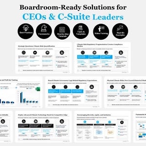 May include: A graphic with the text "Boardroom-Ready Solutions for CEOs & C-Suite Leaders" and several circular icons. Below are multiple slides with text and charts, covering topics like climate risk and regulatory compliance. The slides are in shades of blue and white.