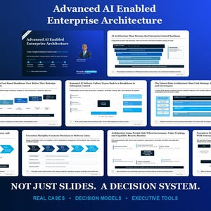 Puede incluir: Una colección de diapositivas blancas tituladas Advanced AI Enabled Enterprise Architecture, que presentan gráficos, diagramas y texto en azul. Las diapositivas están dispuestas en forma de pirámide sobre un fondo azul con el texto NOT JUST SLIDES. A DECISION SYSTEM.