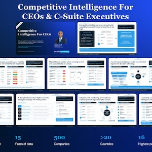 Può includere: Una presentazione digitale intitolata Competitive Intelligence For CEOs & C-Suite Executives composta da otto diapositive con grafici, testo e punti dati. La sezione inferiore elenca le metriche di ricerca, tra cui oltre 100 fonti, 15 anni di dati, 500 aziende, oltre 20 paesi e 16 interviste a CEO.