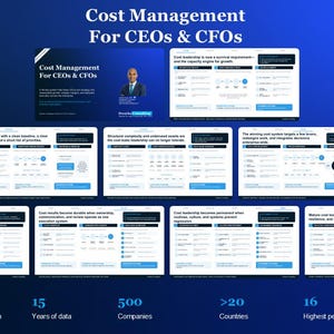Può includere: Una presentazione digitale intitolata Cost Management For CEOs & CFOs composta da otto diapositive bianche con accenti blu, testo e diagrammi. La sezione inferiore elenca le fonti dei dati, tra cui oltre 100 fonti e 500 aziende.