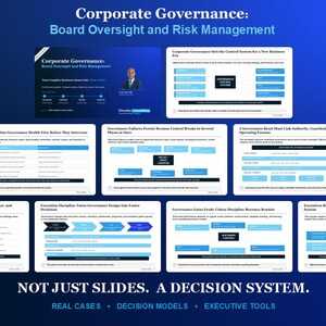 Puede incluir: Una colección de diapositivas de presentación azules y blancas tituladas Corporate Governance: Board Oversight and Risk Management. Las diapositivas incluyen diagramas, gráficos y texto sobre sistemas de gobernanza, modelos de decisión y herramientas ejecutivas.