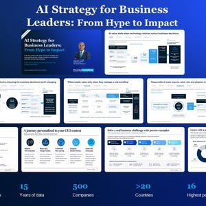 May include: A digital presentation titled AI Strategy for Business Leaders: From Hype to Impact, featuring multiple slides on business decision-making, workflow optimization, and peer learning, with data points citing over 100 research sources.