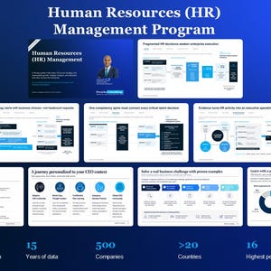 May include: A digital presentation for a Human Resources (HR) Management Program featuring multiple slides with charts, text, and diagrams on a blue background. The content includes data on CEO roles, business challenges, and organizational strategy.
