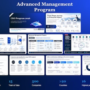 Puede incluir: Una presentación de diapositivas en tonos azules titulada Advanced Management Program, que muestra varias diapositivas sobre un programa para directores ejecutivos. El diseño incluye texto, gráficos y diagramas sobre estrategia y datos del programa.