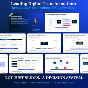 May include: A digital presentation titled Leading Digital Transformation: Rebuilding Organizations for the Era of AI, featuring a collection of eight white slides with blue accents, charts, and diagrams, set against a blue gradient background.