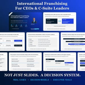Könnte beinhalten: Eine digitale Präsentation mit dem Titel International Franchising For CEOs & C-Suite Leaders, bestehend aus weißen Folien mit blauen Akzenten, textbasierten Entscheidungsmodellen und Führungsinstrumenten. Der Text lautet: Not just slides. A decision system.