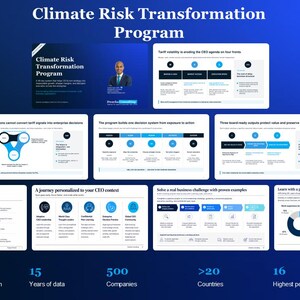 Puede incluir: Una infografía azul titulada Climate Risk Transformation Program que presenta múltiples paneles rectangulares blancos con texto, gráficos y diagramas. El diseño incluye un retrato, flujos de procesos y puntos de datos que resumen investigaciones de más de 100 fuentes, 15 años de datos, 500 empresas, 20 países y 16 entrevistas a directores ejecutivos.