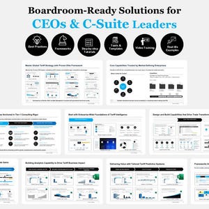 Op de afbeelding: Een digitale afbeelding met de tekst "Boardroom-Ready Solutions for CEOs & C-Suite Leaders" en pictogrammen voor best practices, frameworks, tutorials, tools, videotraining en real-life voorbeelden. Er worden verschillende witte documenten met blauwe en zwarte tekst weergegeven.