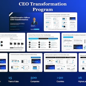 Może przedstawiać: Niebieski slajd prezentacji zatytułowany CEO Transformation Program, zawierający serię mniejszych slajdów szczegółowo opisujących strategie biznesowe, kluczowe kompetencje i podstawy zrównoważonych kosztów, na podstawie danych z 500 firm.