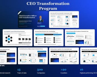 May include: A blue presentation slide titled CEO Transformation Program featuring a series of smaller slides detailing business strategies, core capabilities, and sustainable cost foundations, with a summary of research data including 500 companies.