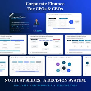 May include: A digital presentation titled Corporate Finance For CFOs & CEOs featuring eight white slides with blue accents, charts, and text. The layout includes a banner stating CEO Only Program and a footer reading NOT JUST SLIDES. A DECISION SYSTEM.