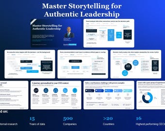 May include: A digital presentation titled Master Storytelling for Authentic Leadership featuring multiple slides with business diagrams, charts, and text. The layout includes sections on decision paths, executive storytelling, and data-driven insights.