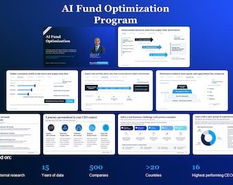 May include: A digital presentation titled AI Fund Optimization Program featuring multiple slides with charts, diagrams, and text. The layout includes a banner labelled CEO Only Program and a footer summarising research data from over 100 sources.